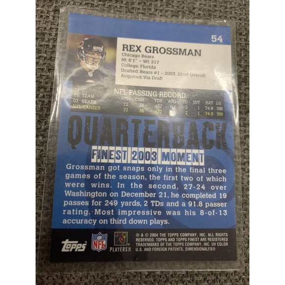 2004 Topps Finest Gold #54 Rex Grossman Chicago Bears - Picture 2 of 2
